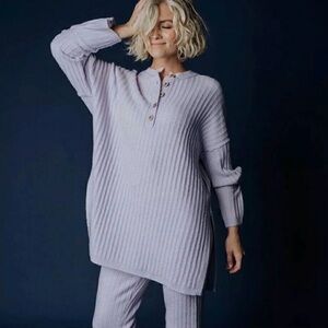 Free People Around The Clock Pullover Sweater Ribbed Henley Oversized Lavender